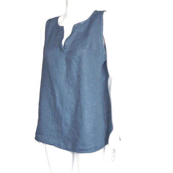 AM Basic Collection Italy Blue Linen Sleevless V-Neck Top size Large /4353 - Picture 4 of 4